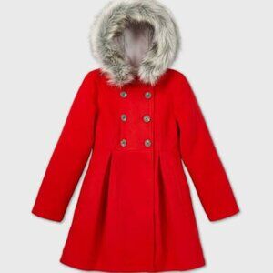 Cat & Jack Girls' Faux Fur Trim Coat, Red, Size L